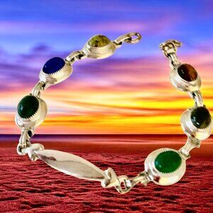 FOSTER Sterling Silver Multi Stone Scarab Link Bracelet 6.5" Small